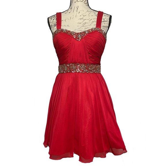 My Michelle Fit Flare Sequined Sweetheart Neck Pleated Mini Dress Jr Size 5 Red - Picture 1 of 9